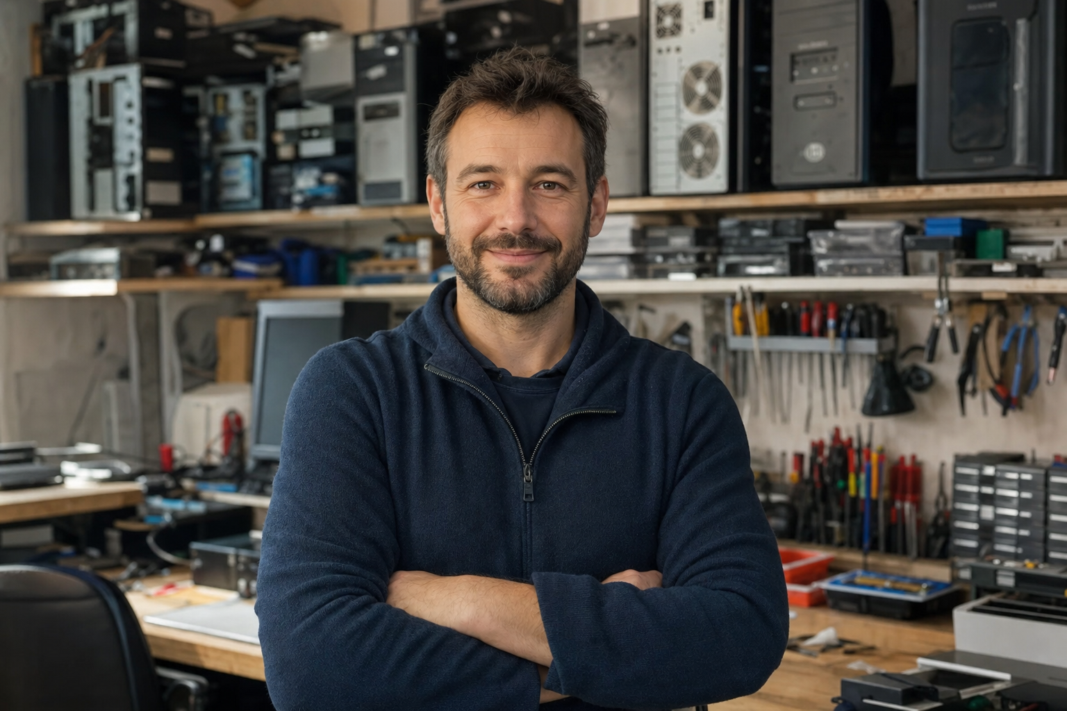 Portrait de Yohann Picard, fondateur de clavier.click, dans son atelier de réparation informatique à Charleville-Mézières