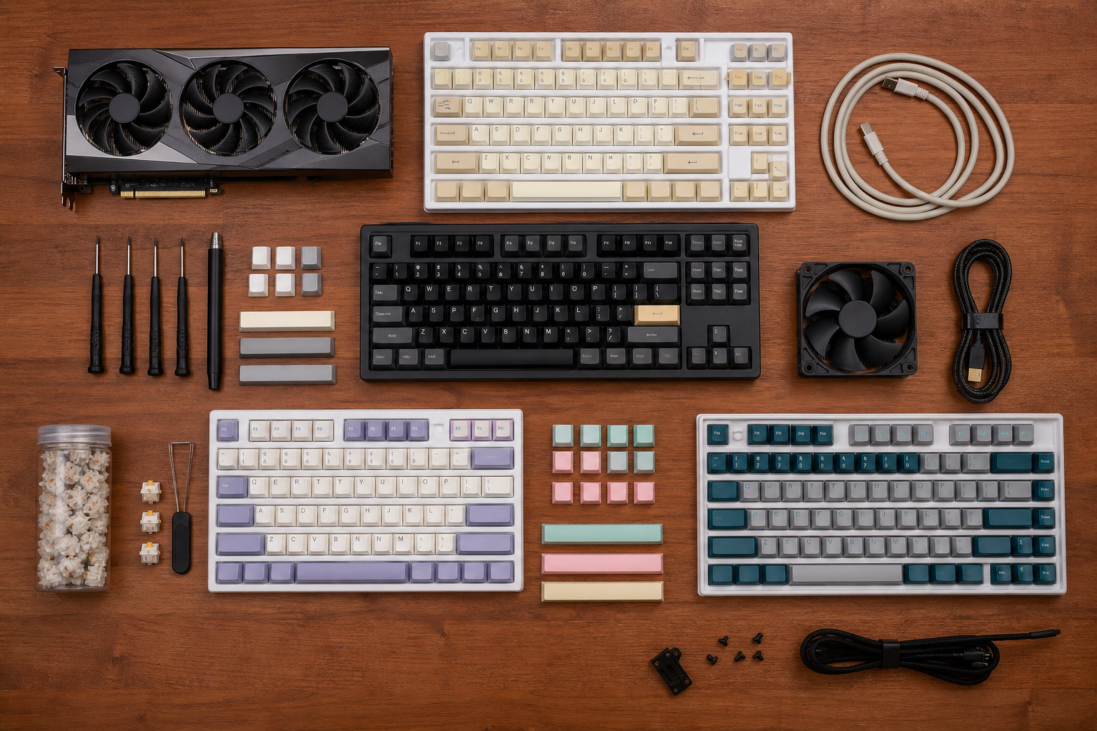 Composants PC et keycaps personnalisés préparés pour un montage sur mesure
