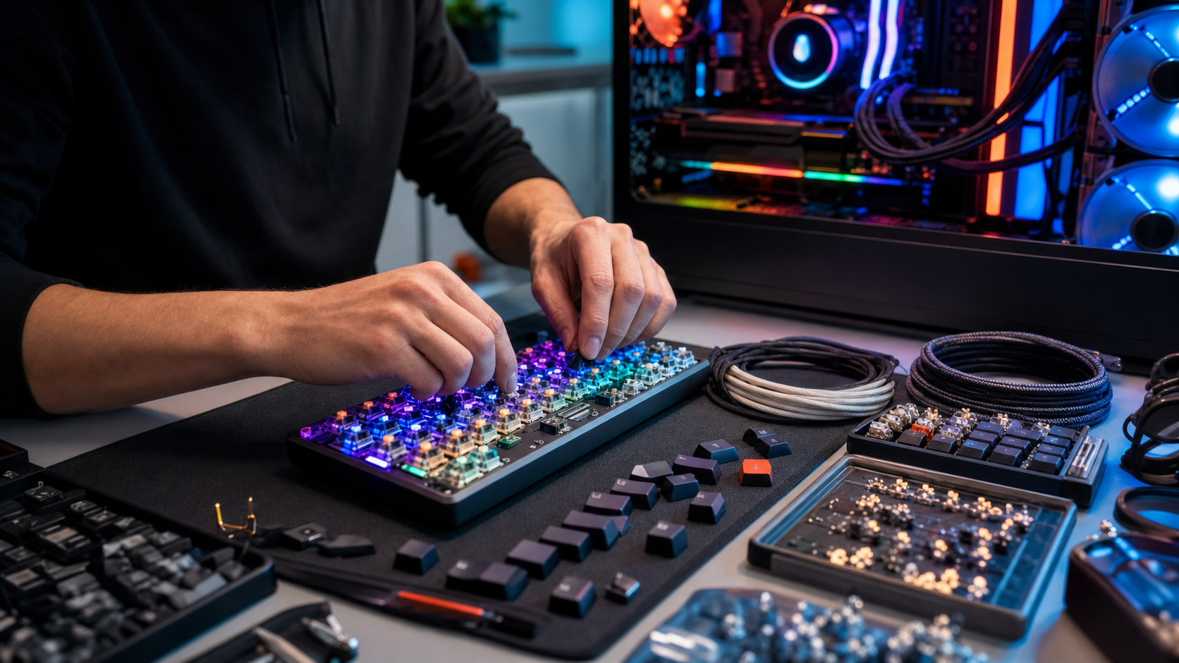 Technicien assemblant un PC sur-mesure avec clavier mécanique et éclairage RGB dans l'atelier clavier.click à Charleville-Mézières