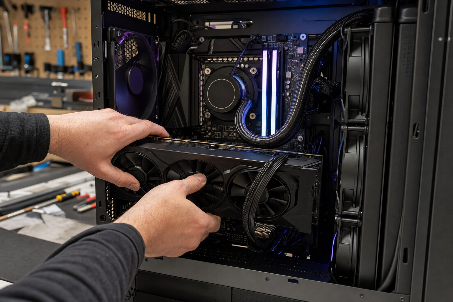 Montage PC personnalisé en cours dans l'atelier clavier.click