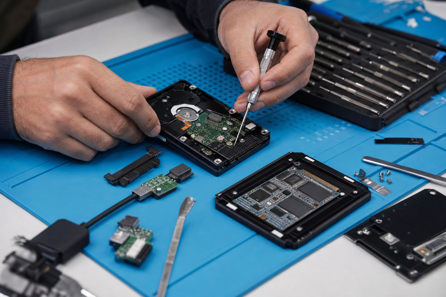 Récupération de données sur disque dur et SSD endommagés en atelier