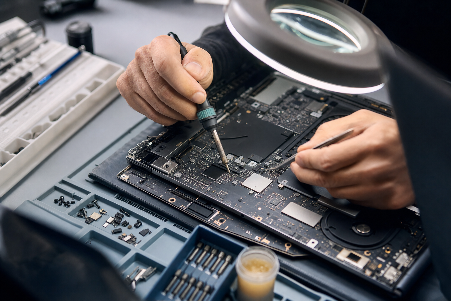 Réparation de carte mère et diagnostic électronique sur ordinateur portable en atelier